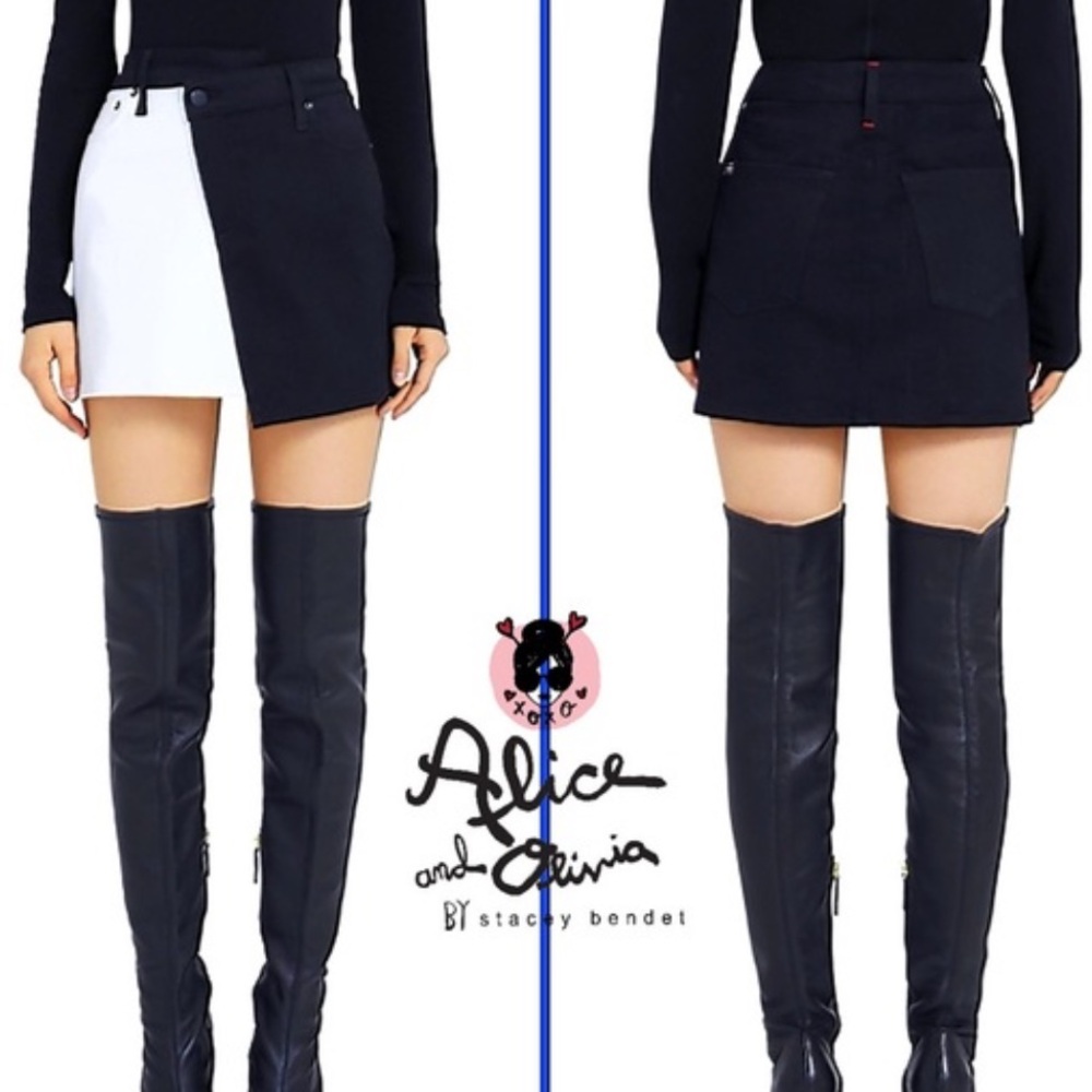Alice + Olivia Patchwork Two Tone Black White Denim Jeans Mini Skirt